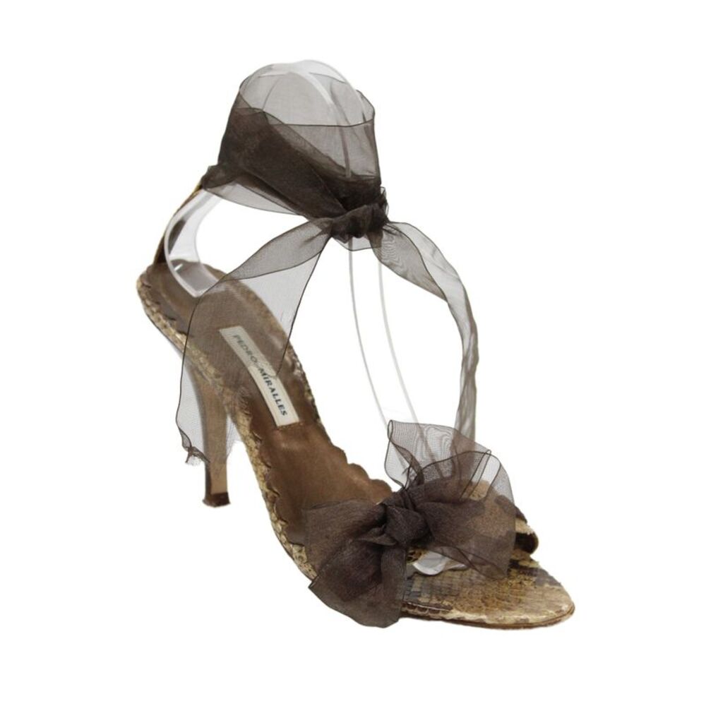 Pedro Miralles Womens Embossed Bow Detail Lace Up Sandals Shoes Brown Size 7